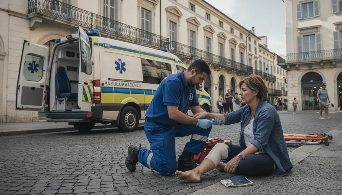 Medical emergency coverage for European weekend trips showing paramedics assisting tourist