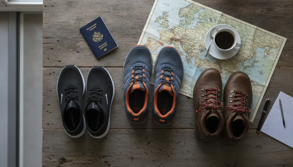 Comfortable walking shoes for Europe travel with maps and travel accessories