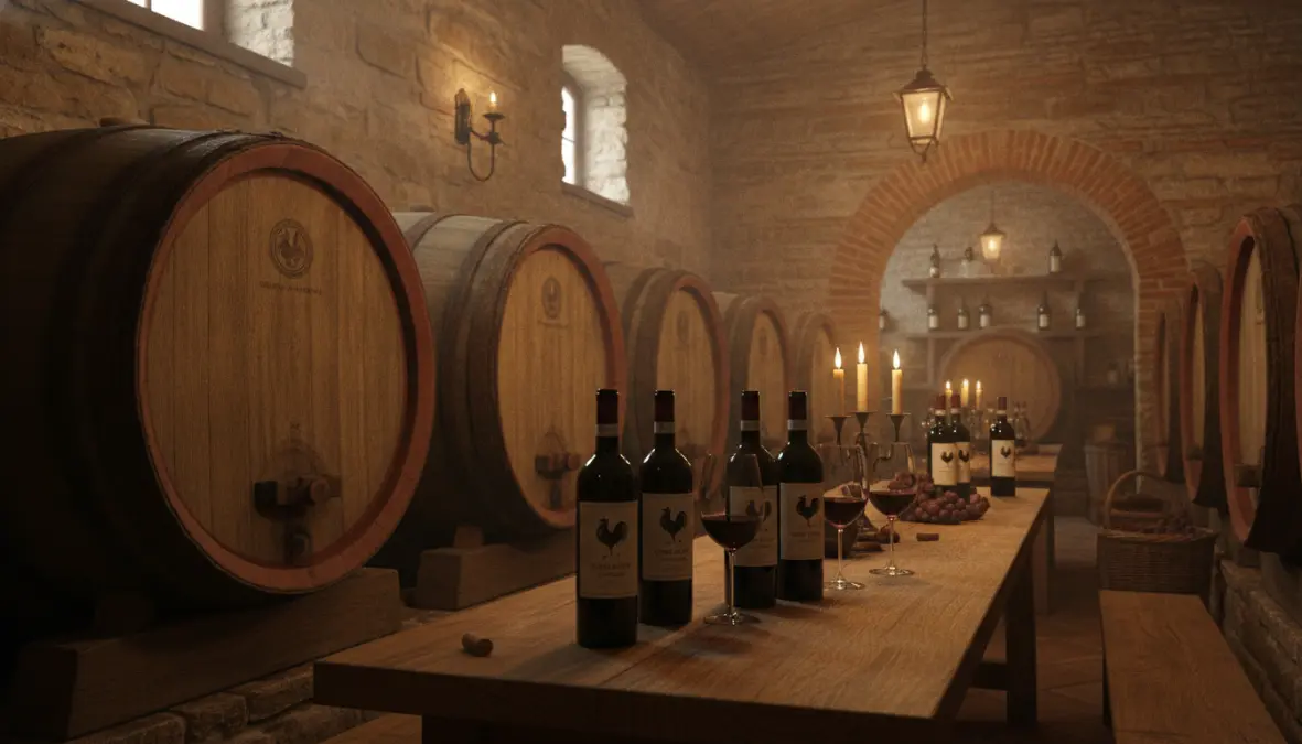 Traditional Chianti wine cellar with oak barrels during wine tasting tour from Florence