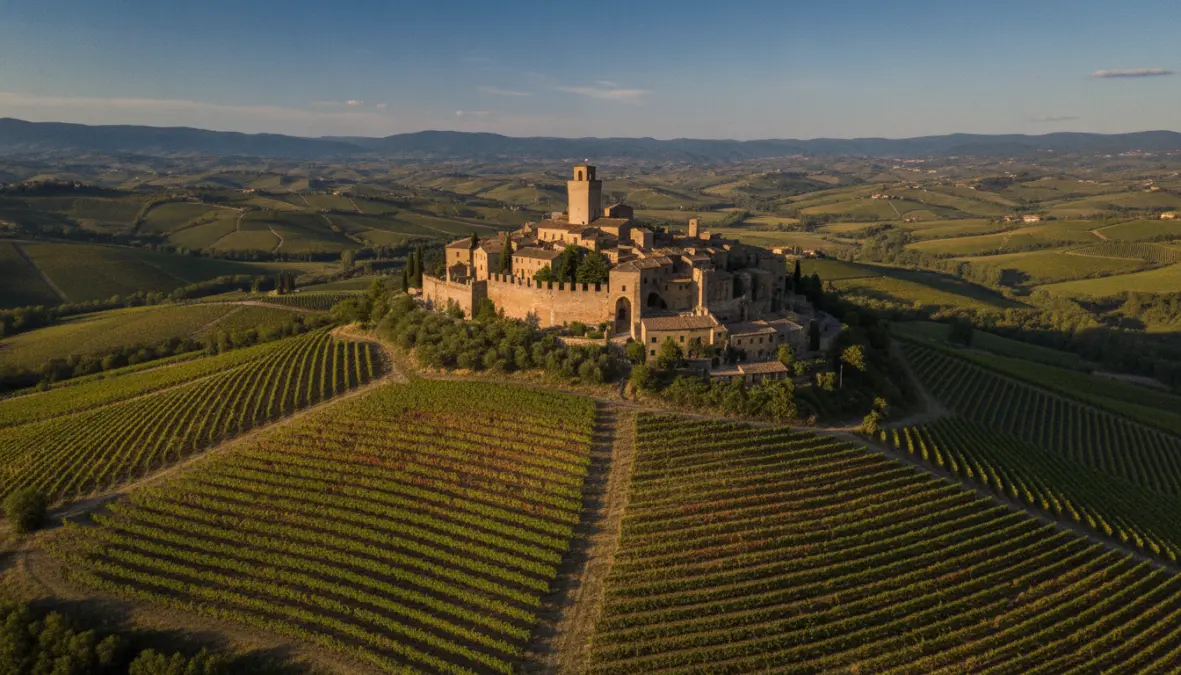 Montalcino medieval hill town surrounded by Brunello vineyards in Tuscan countryside