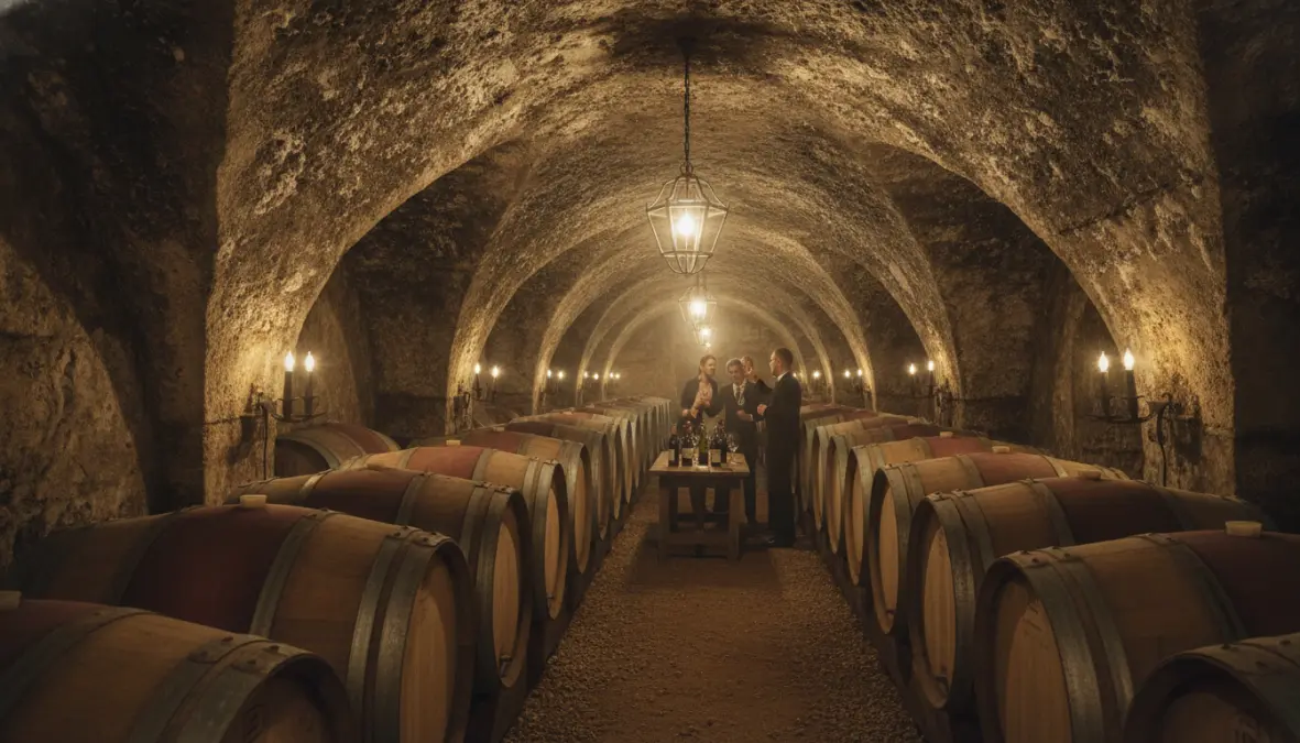 Traditional Bordeaux wine cellar tour with oak barrels and wine tasting