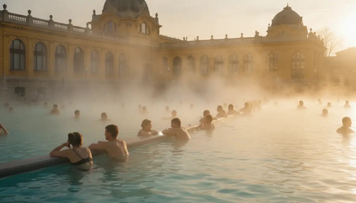 Szechenyi thermal baths in Budapest with historic architecture and steaming outdoor pools