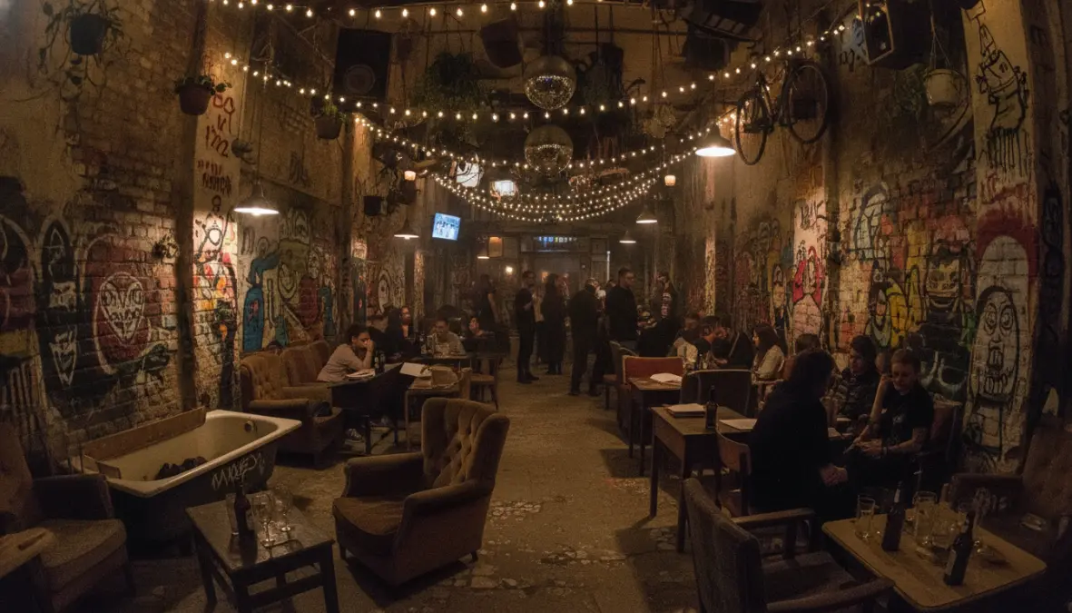 Szimpla Kert ruin bar interior with eclectic decor in Budapest's Jewish Quarter