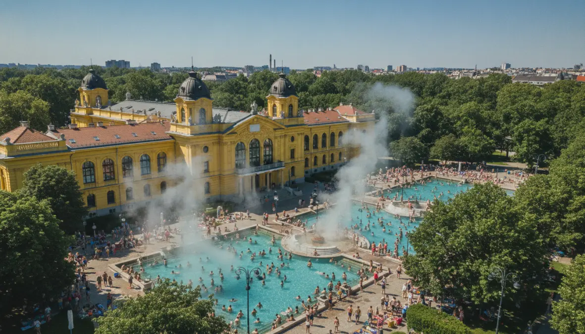 Széchenyi thermal baths in Budapest with outdoor pools and yellow baroque architecture
