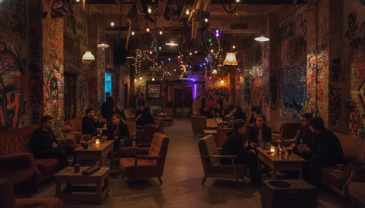 Szimpla Kert ruin bar interior with eclectic decor and vibrant nightlife atmosphere in Budapest