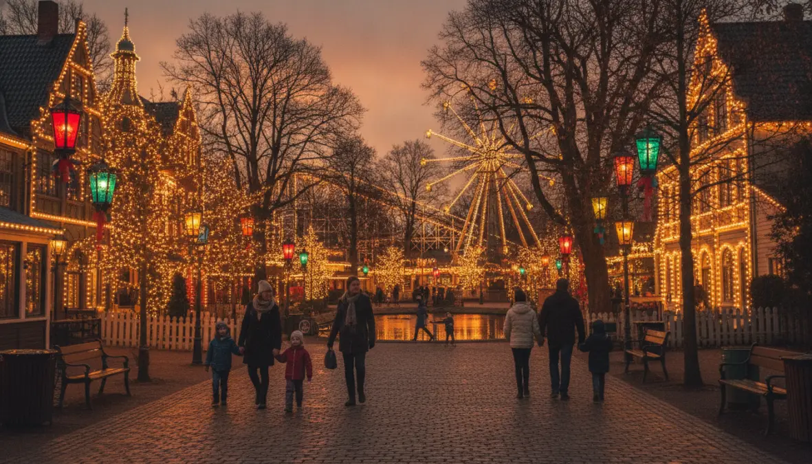 Tivoli Gardens illuminated with lights at dusk - essential stop on copenhagen 2 day itinerary