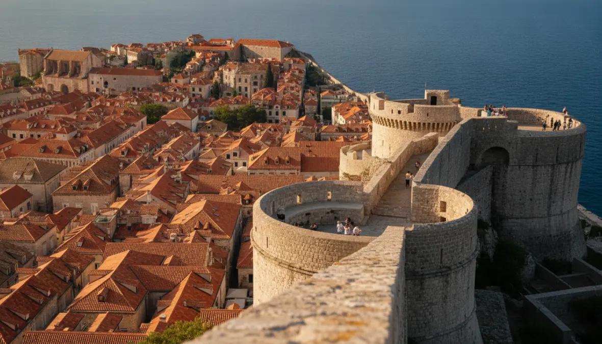 Walking the famous Dubrovnik city walls with views of Old Town and the Adriatic