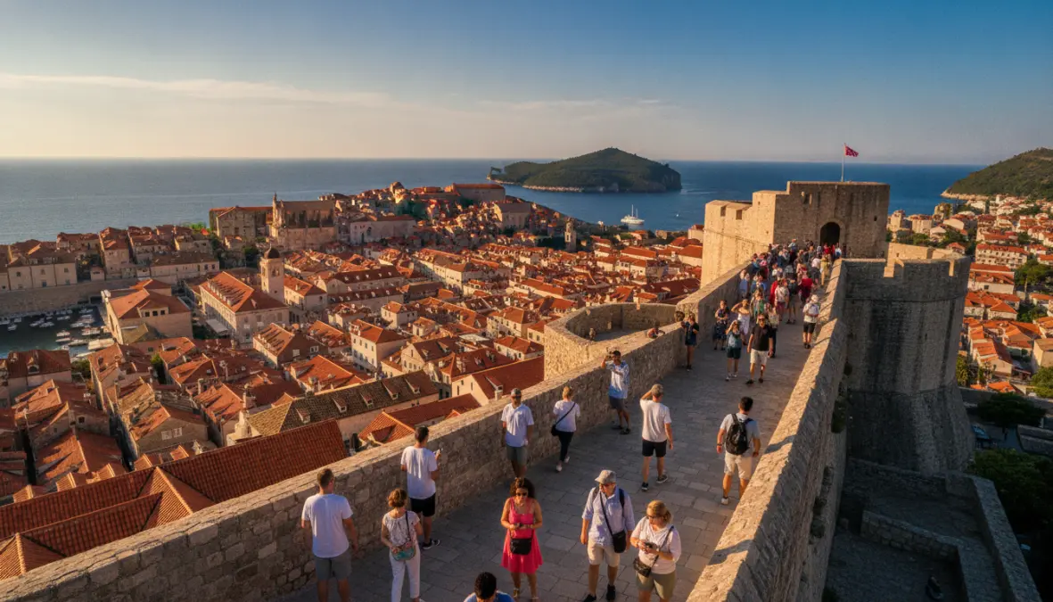 Tourists walking on Dubrovnik old town walls with stunning views of the Adriatic Sea during a weekend city break