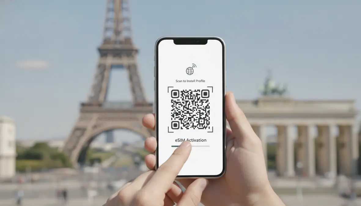 Traveler activating eSIM for Europe travel by scanning QR code on smartphone