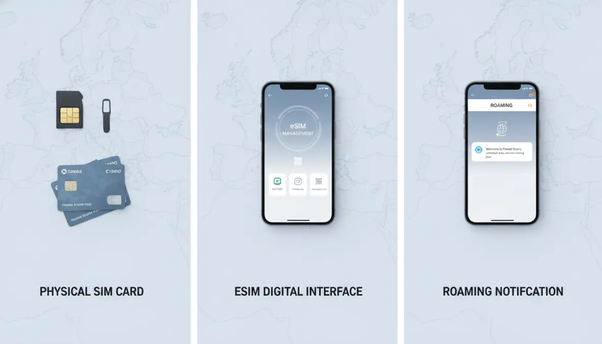 Visual comparison of eSIM, local SIM card, and international roaming options for Europe