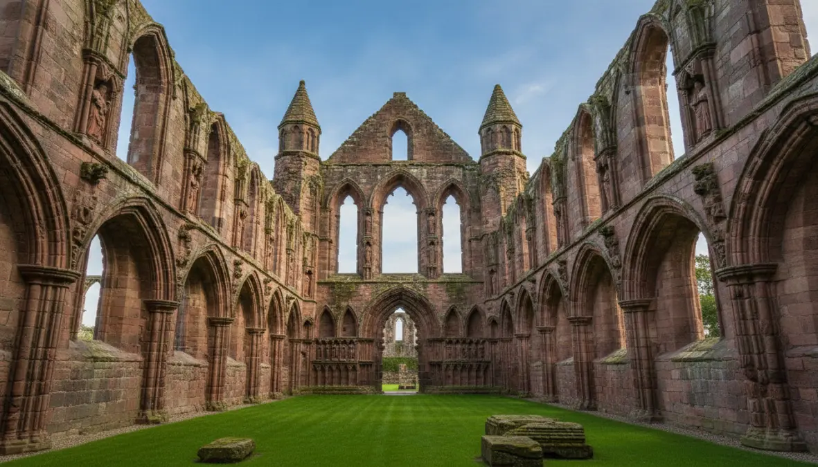 Melrose Abbey ruins, a stunning medieval abbey in the Scottish Borders castle towns region