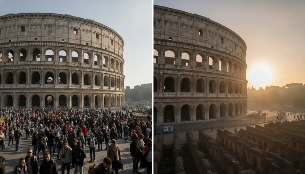Comparison of peak hours versus early morning timing to avoid summer crowds at European attractions