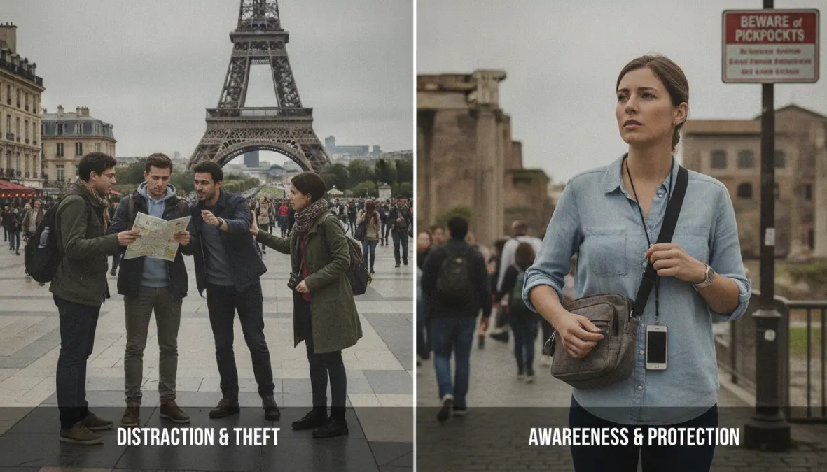 Common pickpocket distraction techniques and tourist safety awareness in Europe