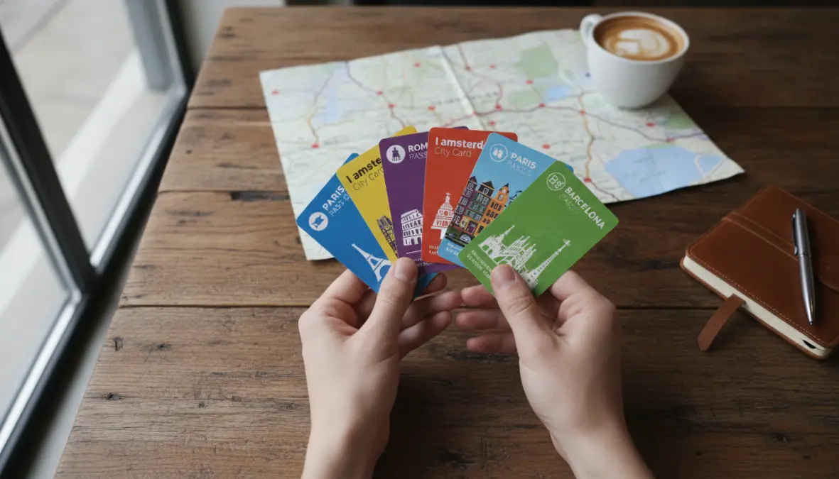 Comparing different tourist pass cards and attraction passes Europe on table for city travel planning