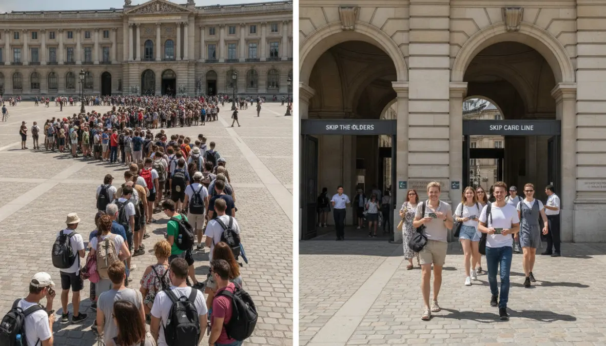 Skip the line passes benefit showing tourist queue versus priority access with city cards