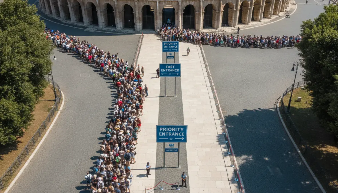 Comparison of regular queues versus skip the line tickets entrance at European attraction