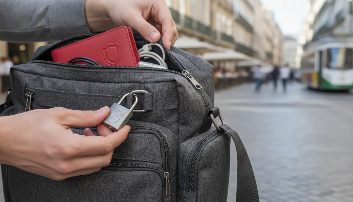 Anti-theft bag with RFID blocking wallet and security features for pickpocket prevention in Europe