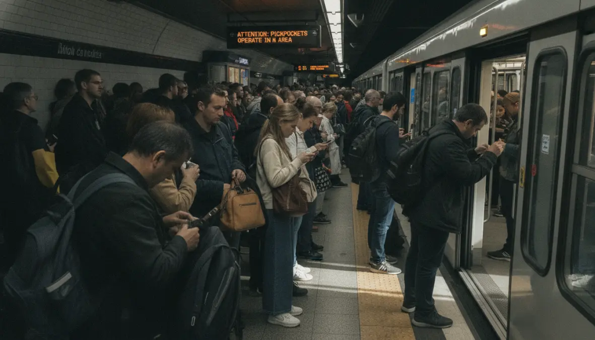 Crowded European metro station platform showing common pickpocket hotspot and tourist theft prevention scenario