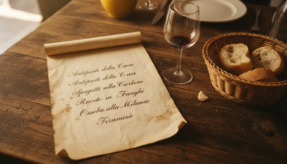 Handwritten menu at authentic Italian trattoria showing traditional local cuisine