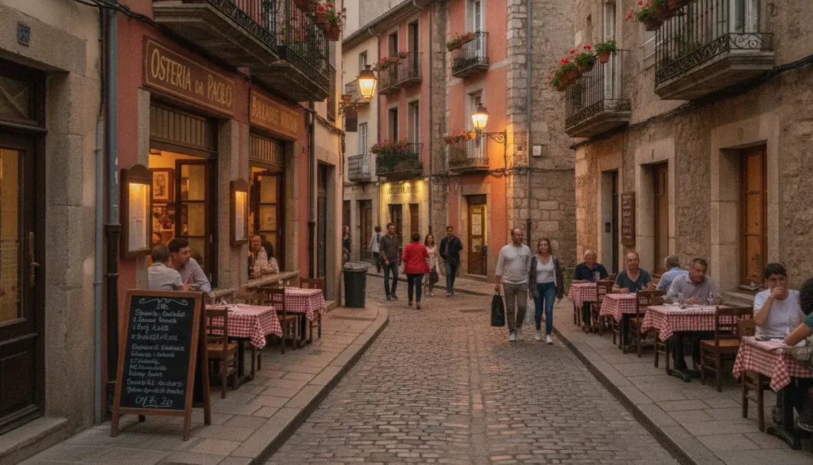 European residential neighborhood street with authentic local restaurants and family-owned eateries