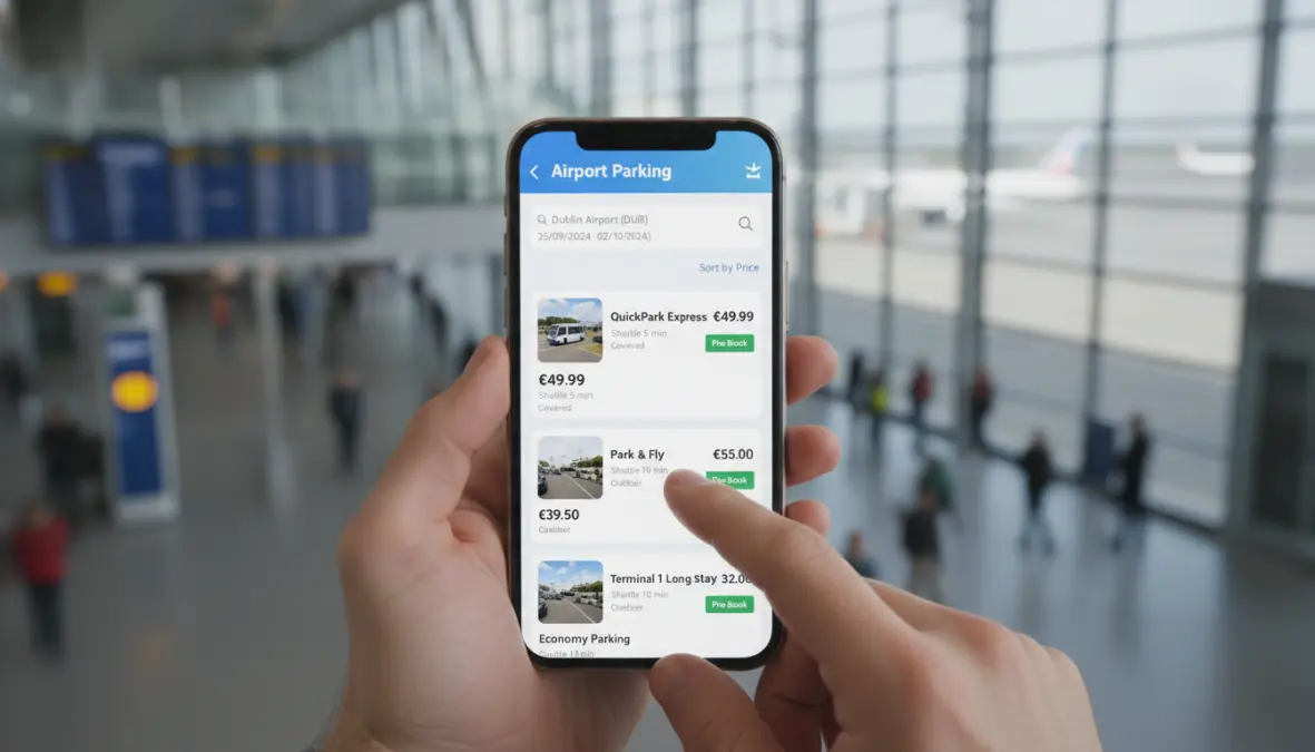 Airport parking comparison website showing discount parking rates and affordable options across European airports
