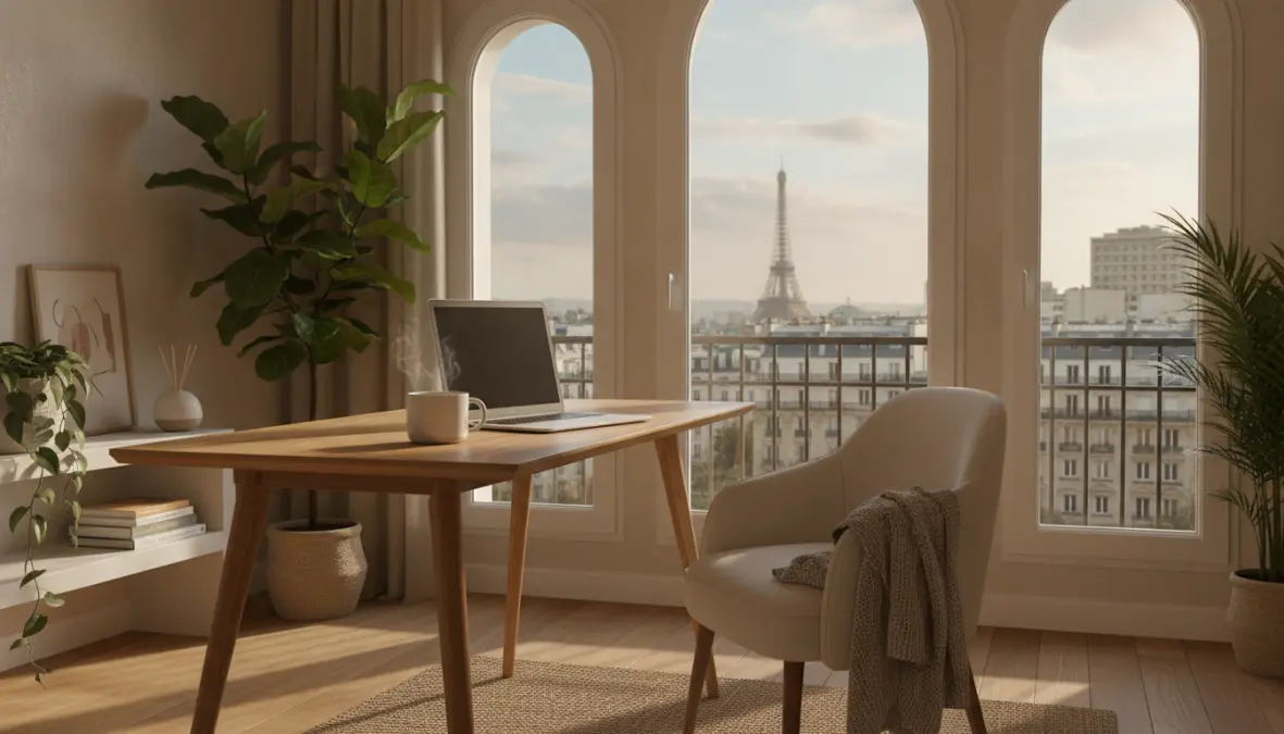 Remote worker house sitting in comfortable European apartment with city view