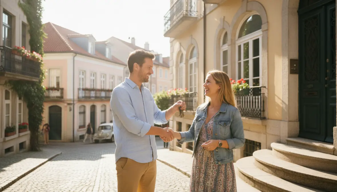 Home exchange travelers swapping keys in front of European house