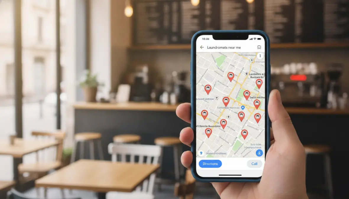 Smartphone showing laundromat finder app with European city locations on Google Maps
