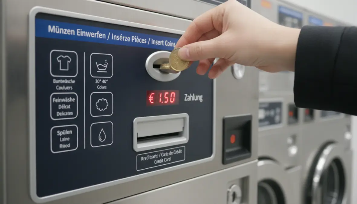 Coin-operated washing machine payment panel in European laundromat showing euro coins and instructions
