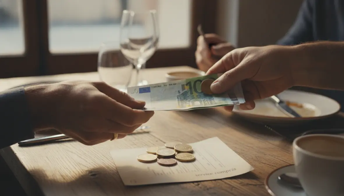 Tipping etiquette in European restaurant with euro cash and service charge bill