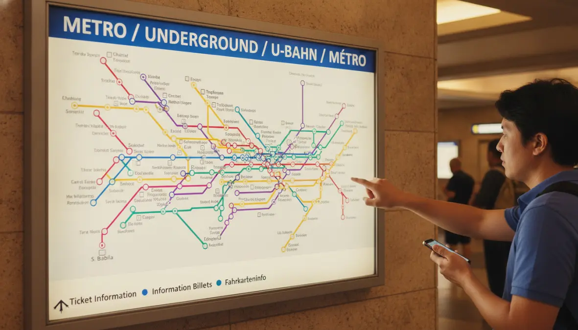 Tourist reading detailed metro map at European subway station for city navigation