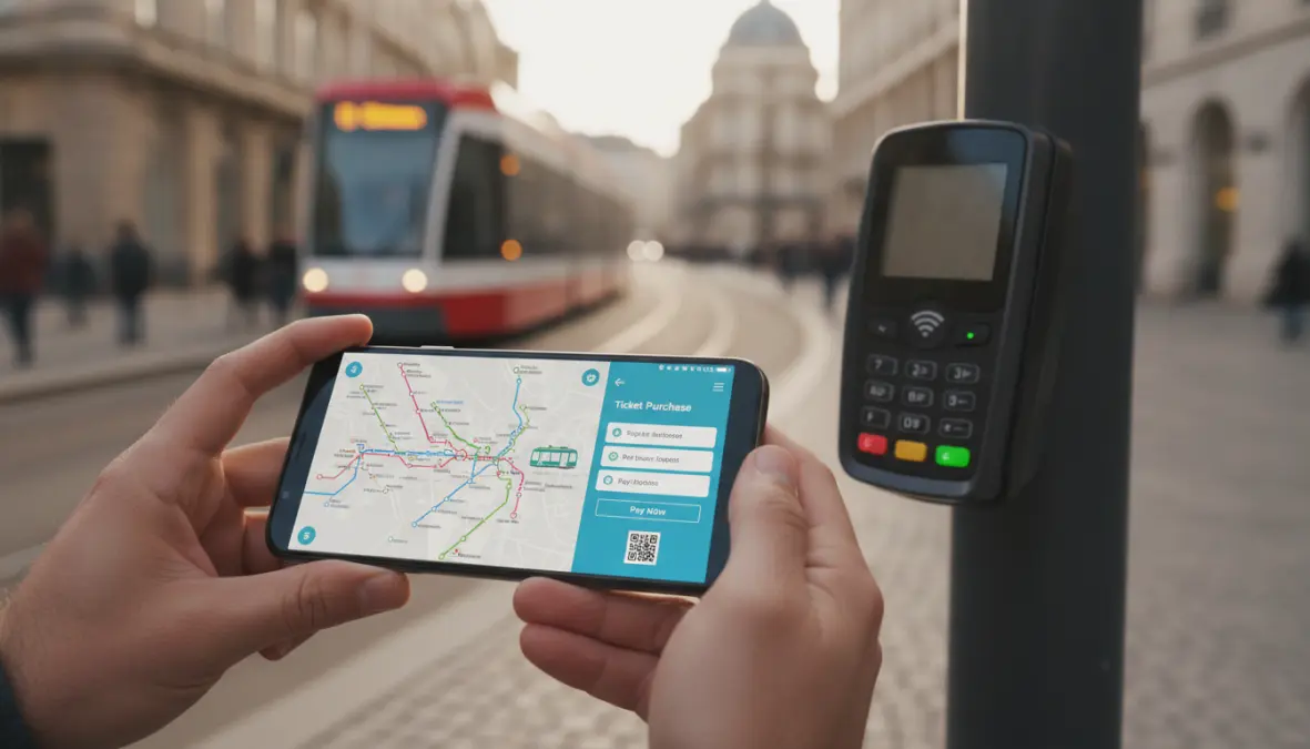 Smartphone displaying european transit app with digital ticketing and metro route planning