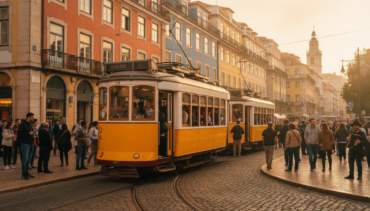 Historic european tram on city street showing traditional public transport system