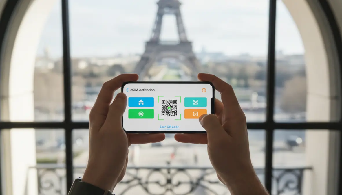Traveler activating eSIM for Europe travel by scanning QR code on smartphone