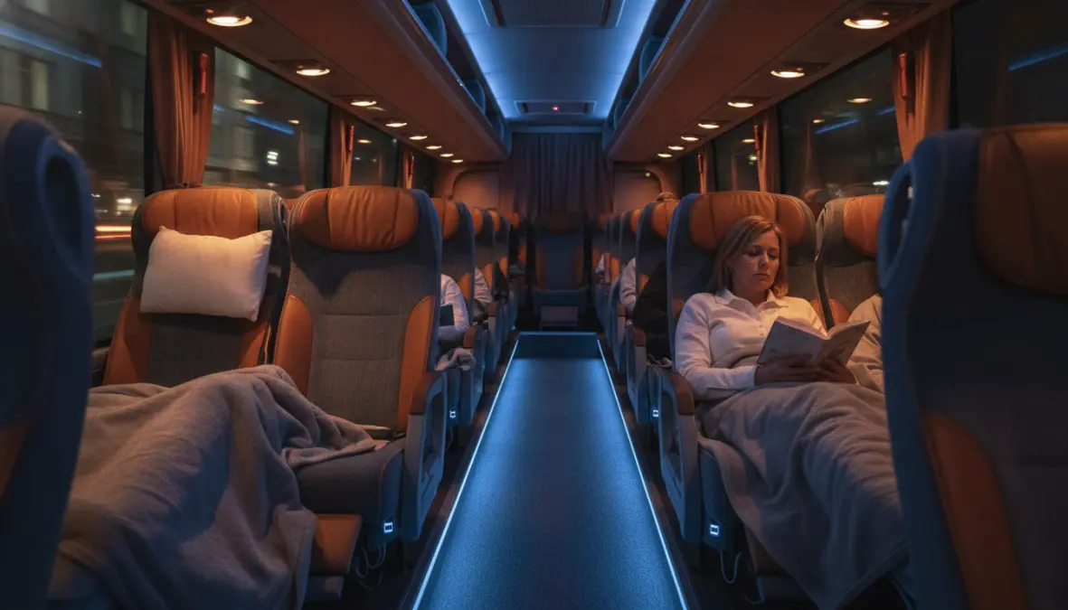 Interior of comfortable European overnight bus with reclining seats and sleeping passengers