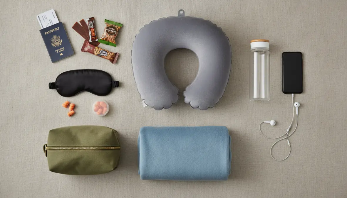 Essential items to pack for comfortable overnight bus travel in Europe including neck pillow and travel accessories