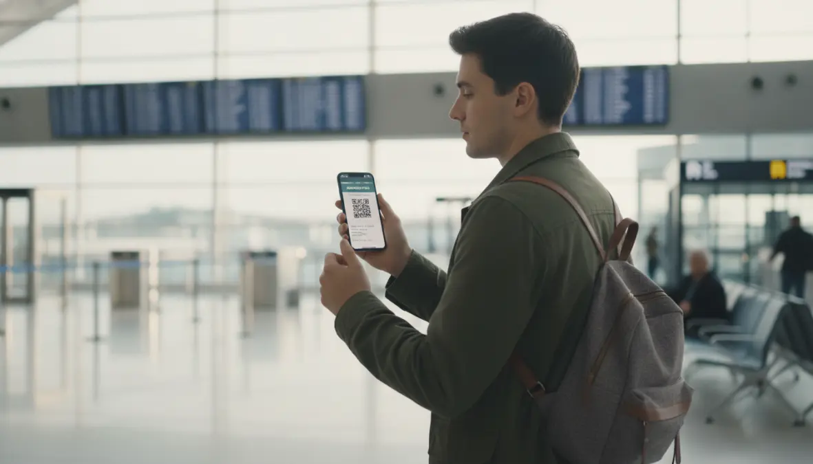 Traveler using mobile app for budget airline check-in and booking strategies at European airport