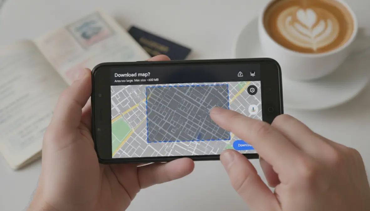 Selecting and downloading offline map area on Google Maps for Europe travel