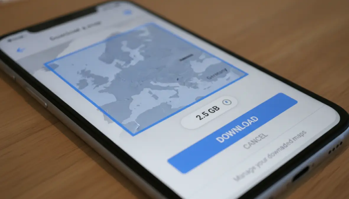 Google Maps offline download interface selecting European map region