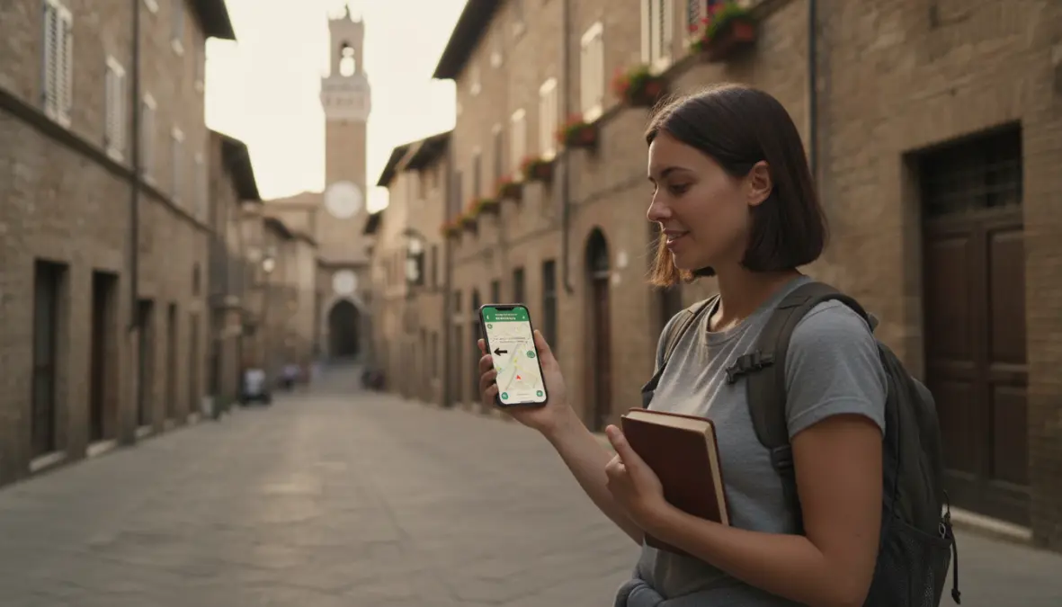 Tourist using Google Maps offline navigation in European city street