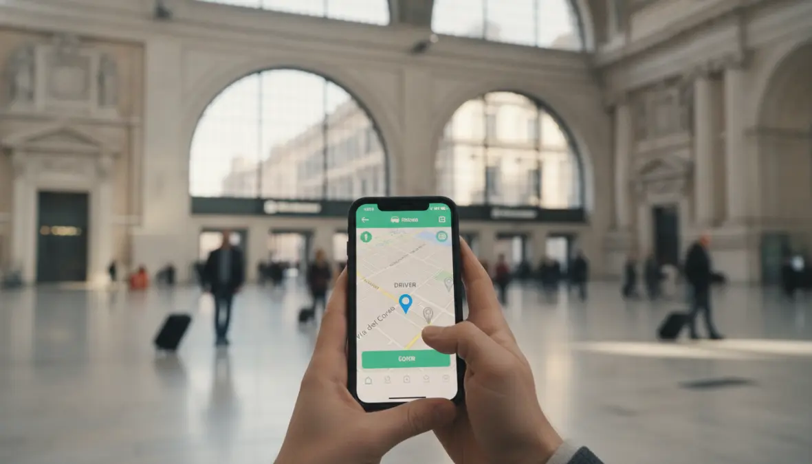 Tourist using ride-hailing app to navigate European city transportation