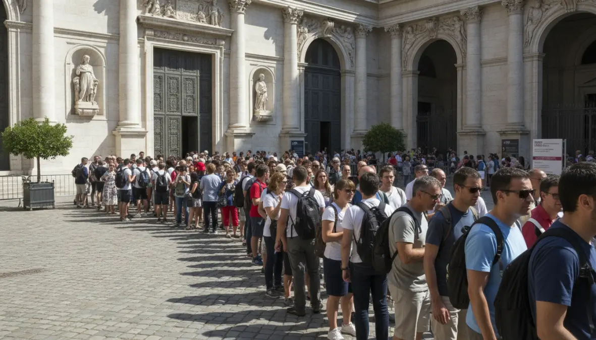 Visitors waiting for free museum days Europe at a major cultural attraction entrance