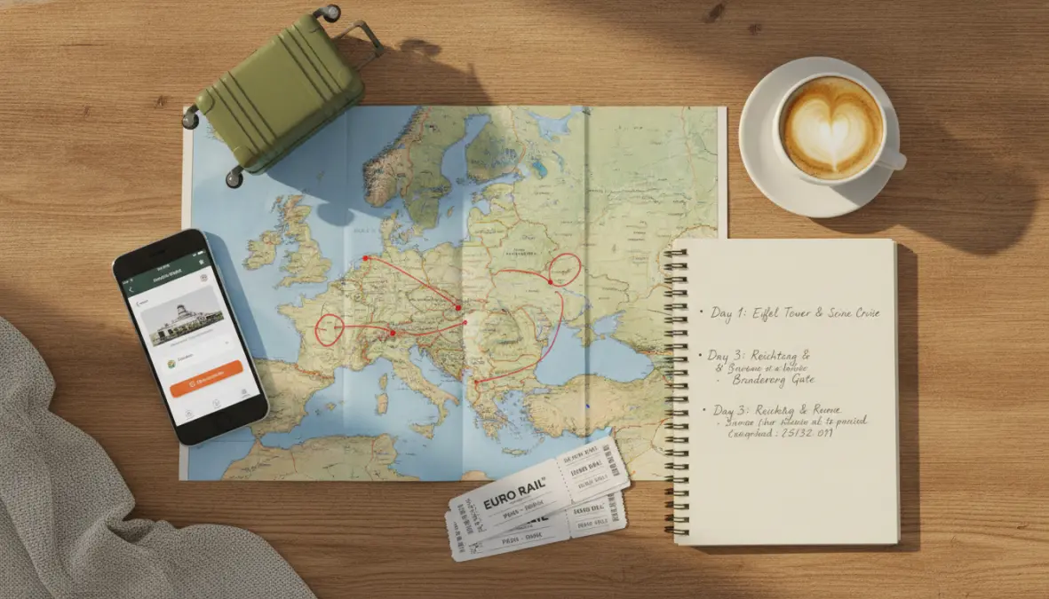 Travel planning materials for multi city weekend trip itinerary with map and transportation tickets