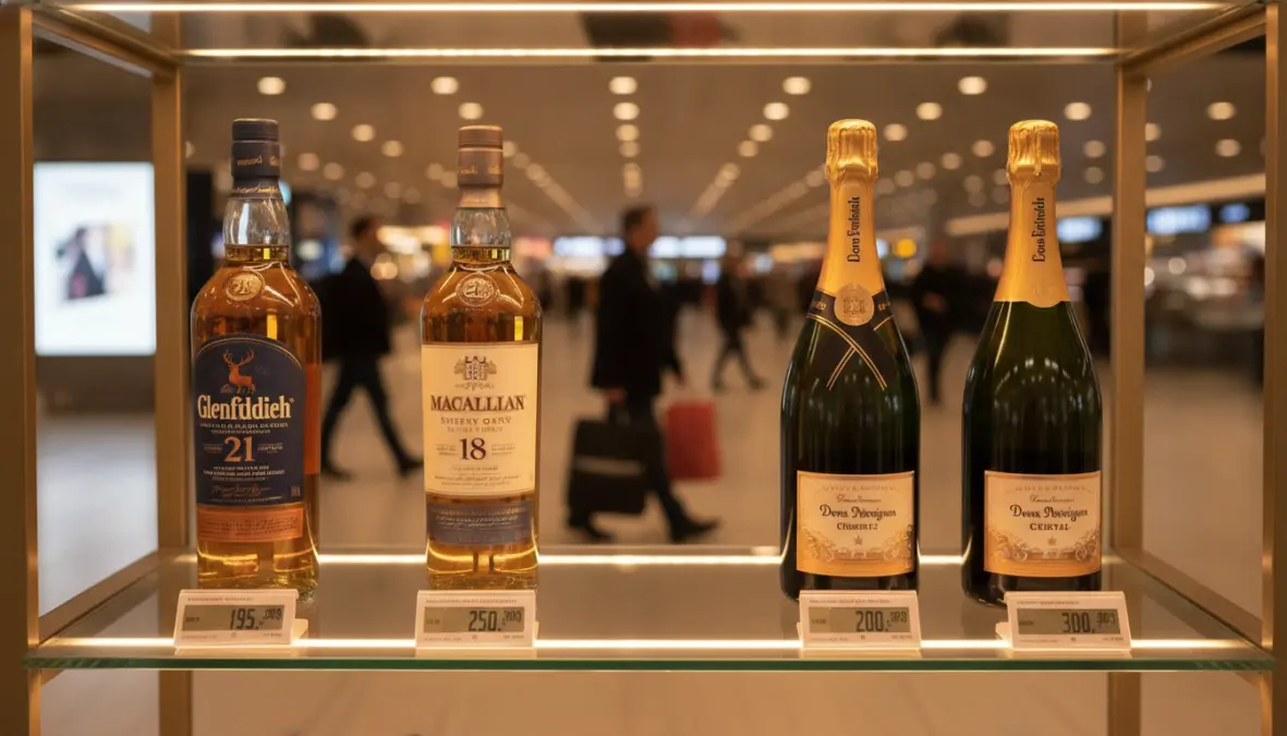 Duty free alcohol prices display showing whisky and champagne bottles in European airport