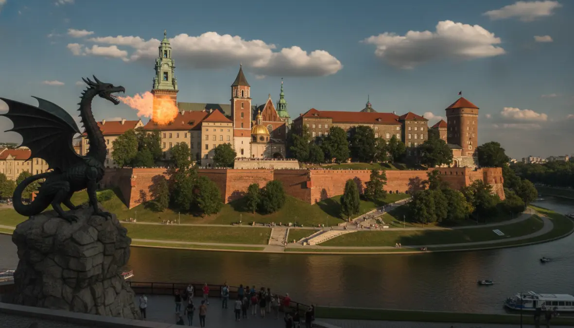 Wawel Royal Castle in Krakow with dragon statue and river views
