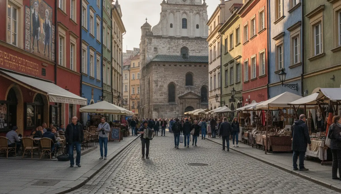 Kazimierz Jewish Quarter street with cafes and street art in Krakow