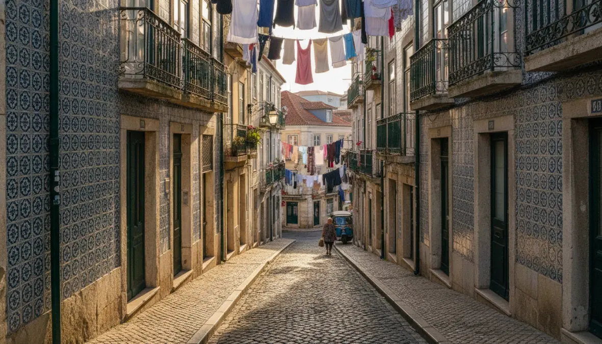 Traditional azulejos tiles and narrow streets in Lisbon's historic Alfama district