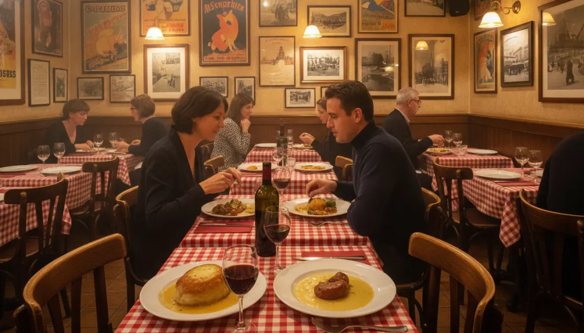 Traditional bouchon lyonnais restaurant interior with authentic Lyon cuisine perfect for weekend dining