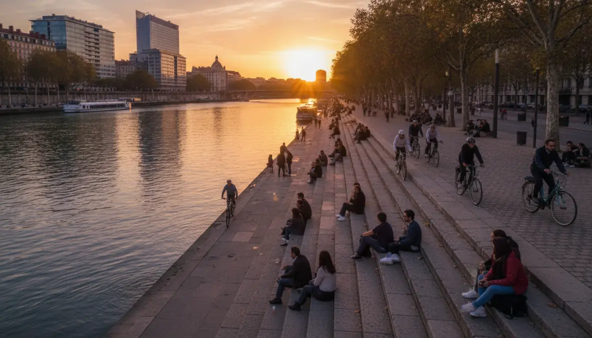 Rhone river banks in Lyon at sunset with locals enjoying the waterfront during a perfect weekend in Lyon