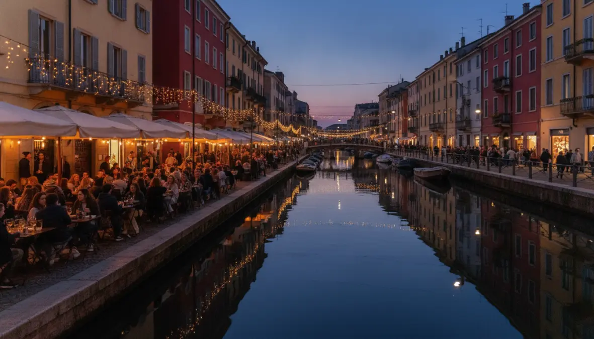 Navigli district canals at evening with restaurants and aperitivo bars along the water